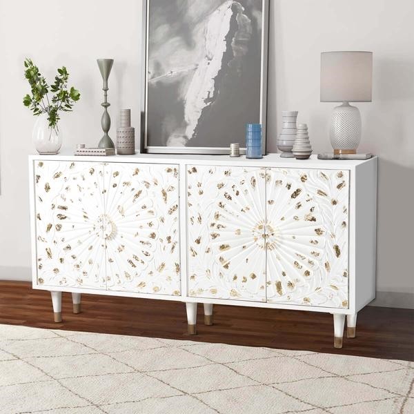 THE URBAN PORT UPT-197864 66 INCH FOUR DOOR WOODEN SIDEBOARD WITH ENGRAVED SUNBURST DESIGN FRONT - WHITE AND GOLD