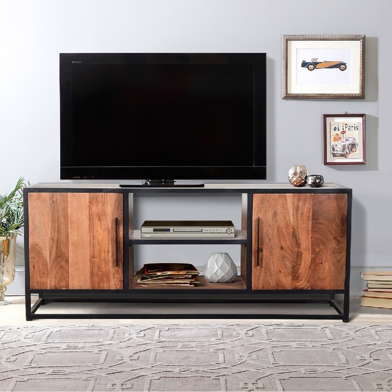 THE URBAN PORT UPT-197871 54 INCH METAL FRAME TV CONSOLE WITH TWO SIDE DOOR CABINETS - BLACK AND BROWN