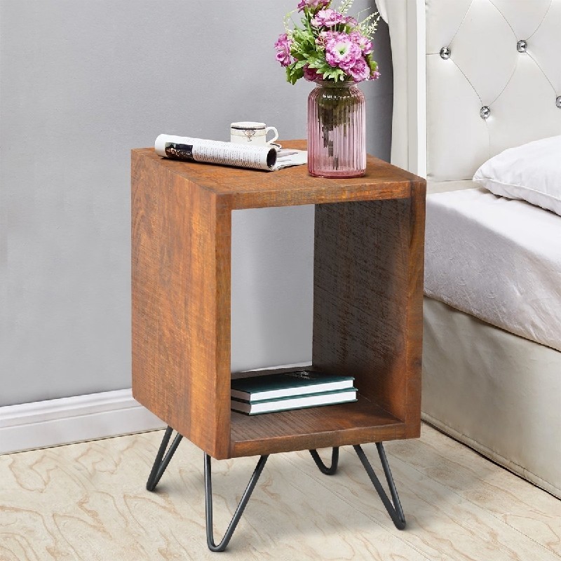 THE URBAN PORT UPT-204787 13 1/2 INCH TEXTURED CUBE SHAPE WOODEN NIGHTSTAND WITH ANGULAR LEGS - BROWN AND BLACK