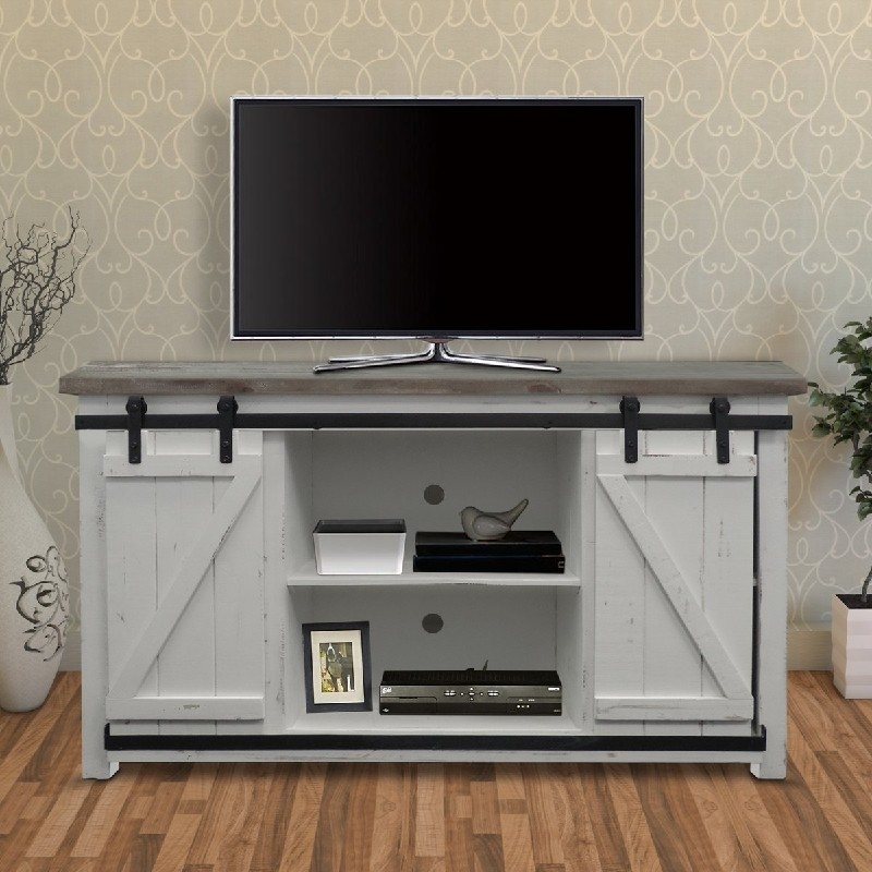 THE URBAN PORT UPT-205743 16 INCH FARMHOUSE STYLE MEDIA CONSOLE WITH BARN STYLE SLIDING DOOR - BROWN AND WHITE