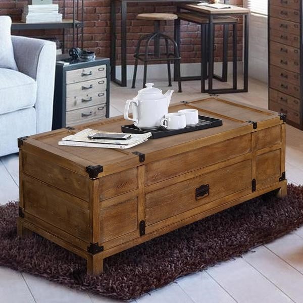 THE URBAN PORT UPT-215750 44 INCH RUSTIC SINGLE DRAWER MANGO WOOD COFFEE TABLE WITH LIFT TOP STORAGE AND COMPARTMENTS - BROWN