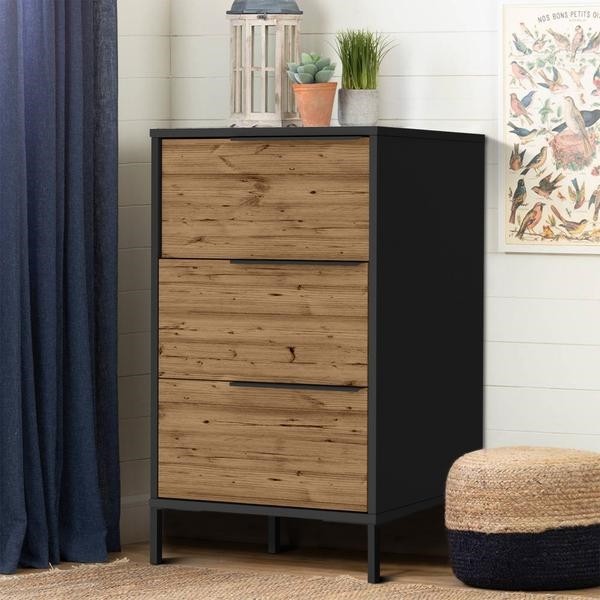 THE URBAN PORT UPT-225262 14 INCH WOOD AND METAL OFFICE ACCENT STORAGE CABINET WITH THREE DRAWERS - BLACK AND BROWN