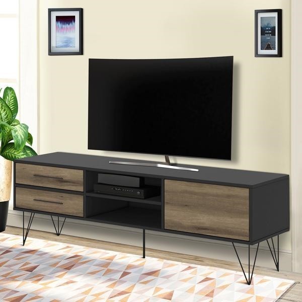 THE URBAN PORT UPT-225266 59 INCH WOOD AND METAL ONE DOOR TV ENTERTAINMENT STAND WITH TWO DRAWERS - BROWN AND BLACK