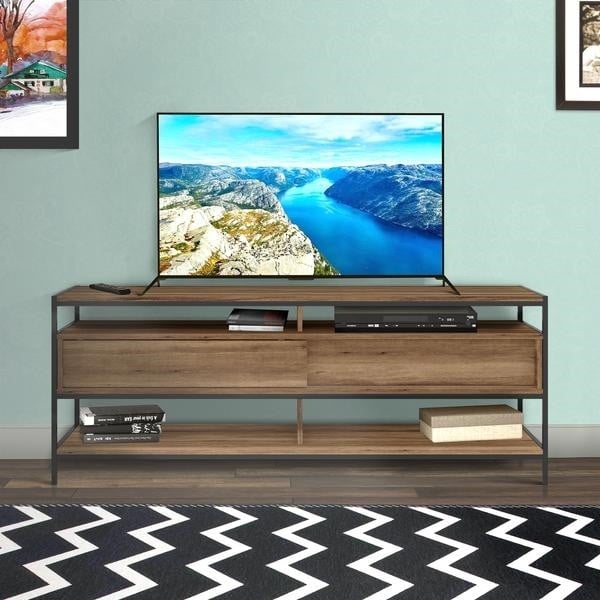 THE URBAN PORT UPT-225269 58 INCH WOOD AND METAL ENTERTAINMENT TV STAND WITH TWO DRAWERS - BROWN AND BLACK