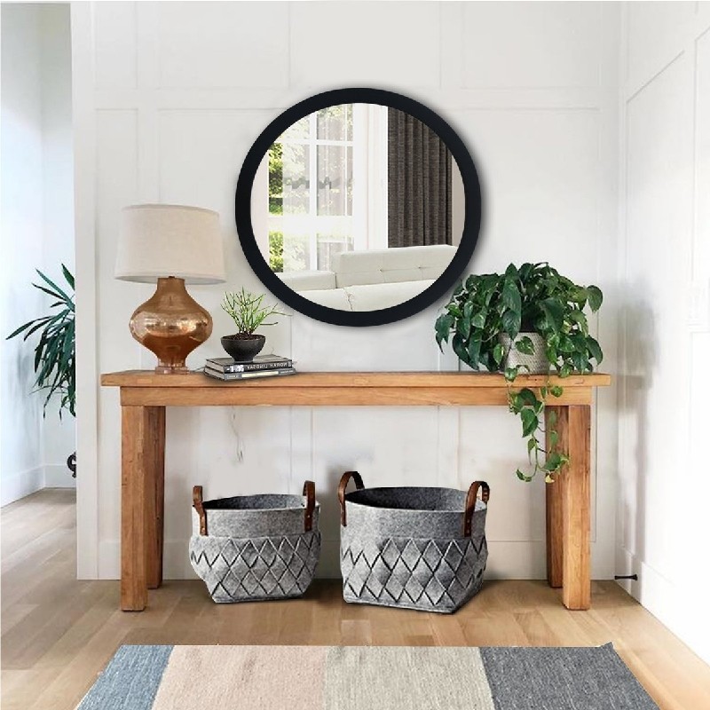 THE URBAN PORT UPT-226272 28 INCH ROUND WOODEN FLOATING BEVELED WALL MIRROR - BLACK