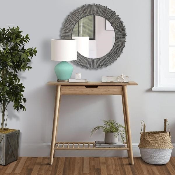 THE URBAN PORT UPT-226274 32 INCH ROUND BEVELED FLOATING WALL MIRROR WITH SUNFLOWER WOODEN FRAME - GRAY
