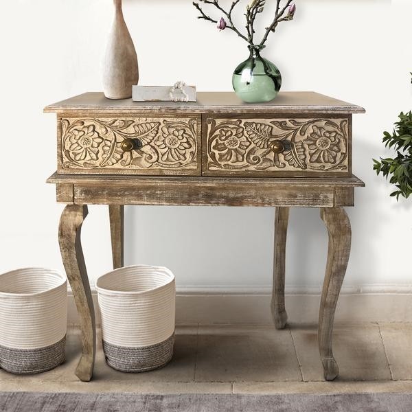 THE URBAN PORT UPT-226283 32 INCH TWO DRAWER MANGO WOOD CONSOLE TABLE WITH FLORAL CARVED FRONT - BROWN AND WHITE