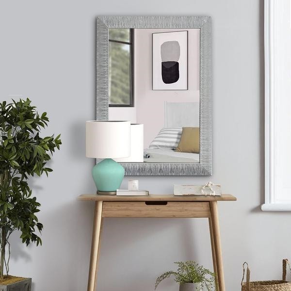 THE URBAN PORT UPT-228542 28 3/8 INCH WOOD ENCASED WALL MIRROR WITH STRIPED MOTIF EDGES AND SHIMMERING LEAF - GRAY