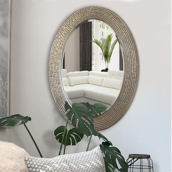 THE URBAN PORT UPT-228543 25 1/4 INCH OVAL WOOD ENCASED BEVELED WALL DECOR MIRROR WITH REEDED DESIGN - SILVER