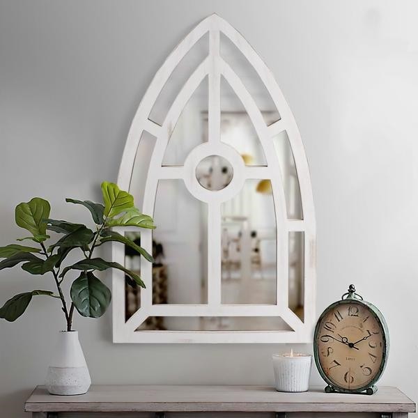 THE URBAN PORT UPT-228706 23 5/8 INCH ARCHED WINDOW PANE WOODEN WALL MIRROR WITH TRIMMED DETAILS - SILVER