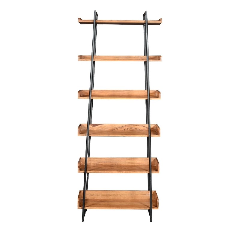 THE URBAN PORT UPT-229605 74 INCH SIX TIER WOODEN LADDER STORAGE BOOKSHELF WITH METAL FRAME - BROWN AND BLACK