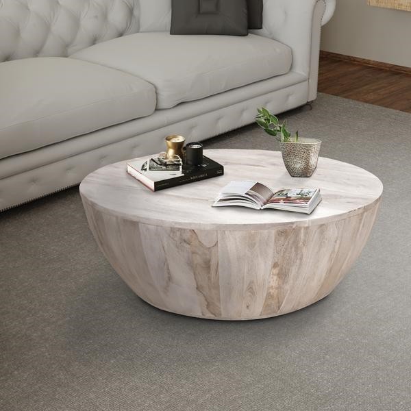 The Urban Port UPT-32181 35 1/2 Inch Distressed Mango Wood Coffee Table in  Round Shape Washed Light Brown UPT-32181...