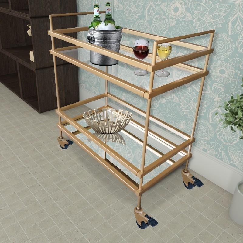 THE URBAN PORT UPT-71700 27 INCH MODERN STYLE TUBULAR IRON BAR CART WITH TWO MIRRORED SHELVES - GOLD