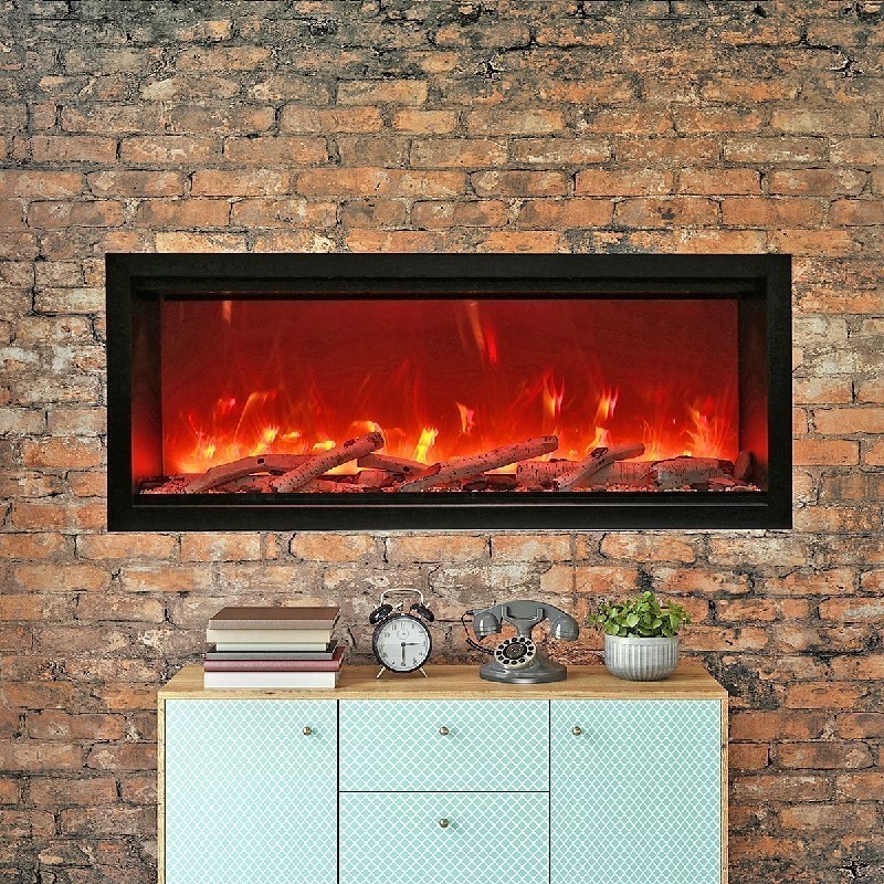 AMANTII SYM-50-XT SYMMETRY 50 1/4 INCH EXTRA TALL BUILT-IN ELECTRIC FIREPLACE WITH LOG AND GLASS AND STEEL SURROUND - BLACK