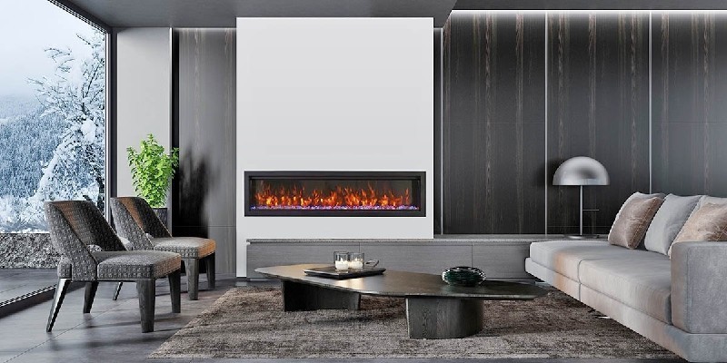 AMANTII SYM-74-BESPOKE SYMMETRY 74 1/4 INCH CLEAN FACE BUILT-IN ELECTRIC FIREPLACE WITH LOG AND GLASS, STEEL SURROUND - BLACK