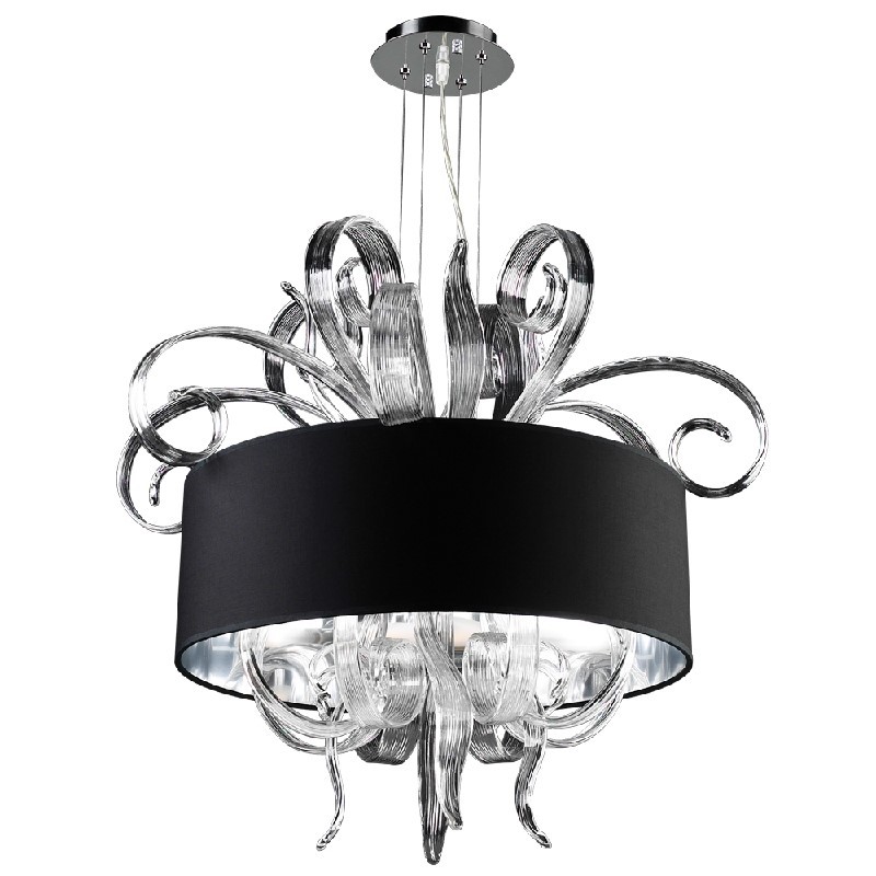 PLC LIGHTING 34147 PC VALERIANO 38 INCH 60W CLEAR GLASS DIMMABLE BLACK FABRIC SHADE CLEAR GLASS 6-LIGHT CHANDELIER - POLISHED CHROME