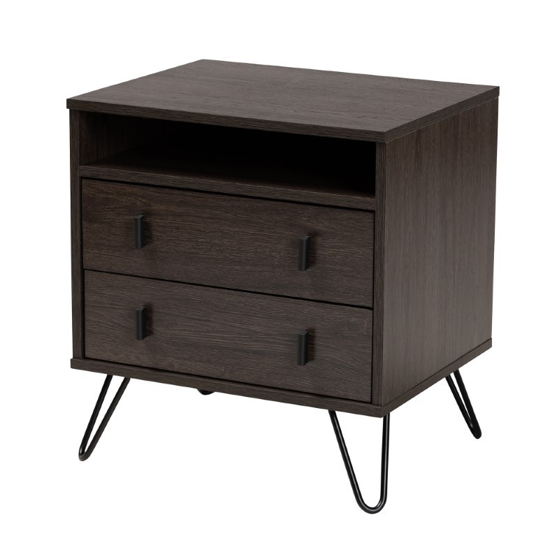 BAXTON STUDIO NS8016-DARK BROWN-NS GLOVER 19 3/4 INCH MODERN AND CONTEMPORARY WOOD AND METAL TWO DRAWER NIGHTSTAND - DARK BROWN AND BLACK-TONE