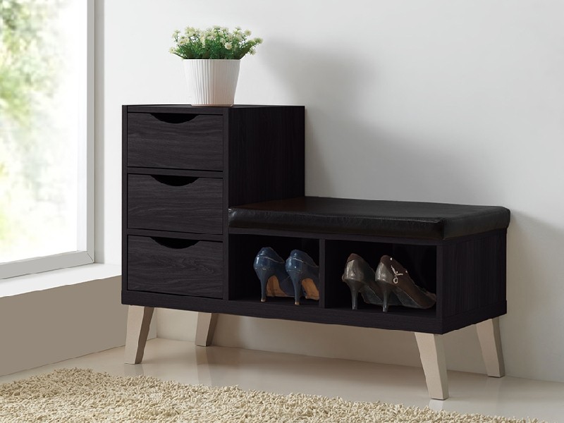 BAXTON STUDIO B-001 ARIELLE 35 1/8 INCH MODERN AND CONTEMPORARY WOOD THREE DRAWER SHOE STORAGE PADDED LEATHERETTE SEATING BENCH WITH TWO OPEN SHELVES