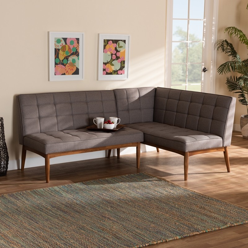 BAXTON STUDIO BBT8051.11-GREY/WALNUT-2PC SF BENCH SANFORD 74 3/8 INCH MID-CENTURY MODERN FABRIC UPHOLSTERED AND WOOD DINING NOOK BANQUETTE SET, TWO PIECE - GREY AND WALNUT BROWN
