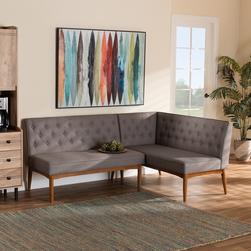 BAXTON STUDIO BBT8051.13-GREY/WALNUT-2PC SF BENCH RIORDAN 74 3/8 INCH MID-CENTURY MODERN FABRIC UPHOLSTERED AND WOOD DINING NOOK BANQUETTE SET, TWO PIECE - GREY AND WALNUT BROWN