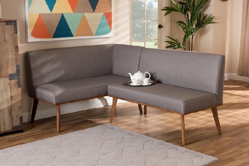 BAXTON STUDIO BBT8054-GREY/WALNUT-2PC SF BENCH ODESSA 70 1/4 INCH MID-CENTURY MODERN FABRIC UPHOLSTERED AND TWO PIECE WOOD DINING NOOK BANQUETTE SET - GREY AND WALNUT BROWN