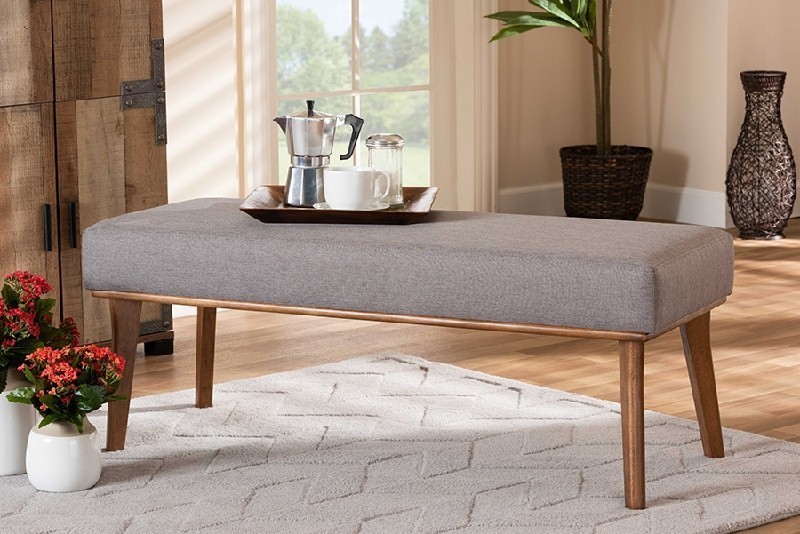 BAXTON STUDIO BBT8054-GREY/WALNUT-BENCH ODESSA 46 1/2 INCH MID-CENTURY MODERN FABRIC UPHOLSTERED AND WOOD DINING BENCH - GREY AND WALNUT BROWN