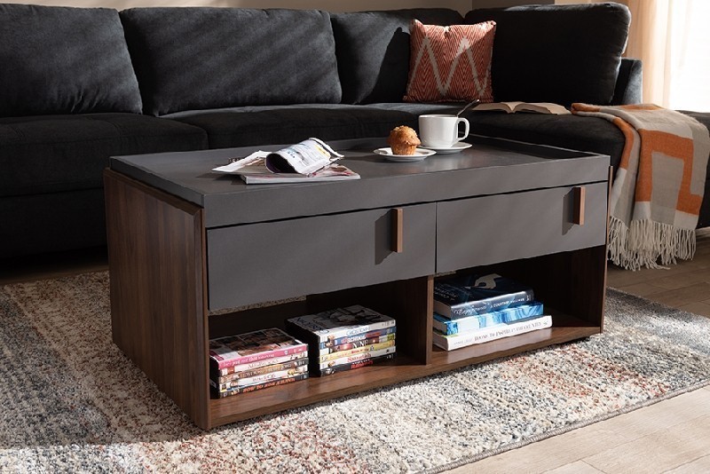BAXTON STUDIO BR3CFT314-COLUMBIA/DARK GREY-CT RIKKE 39 3/8 INCH MODERN AND CONTEMPORARY TWO-TONE WOOD TWO DRAWER COFFEE TABLE - GRAY AND WALNUT