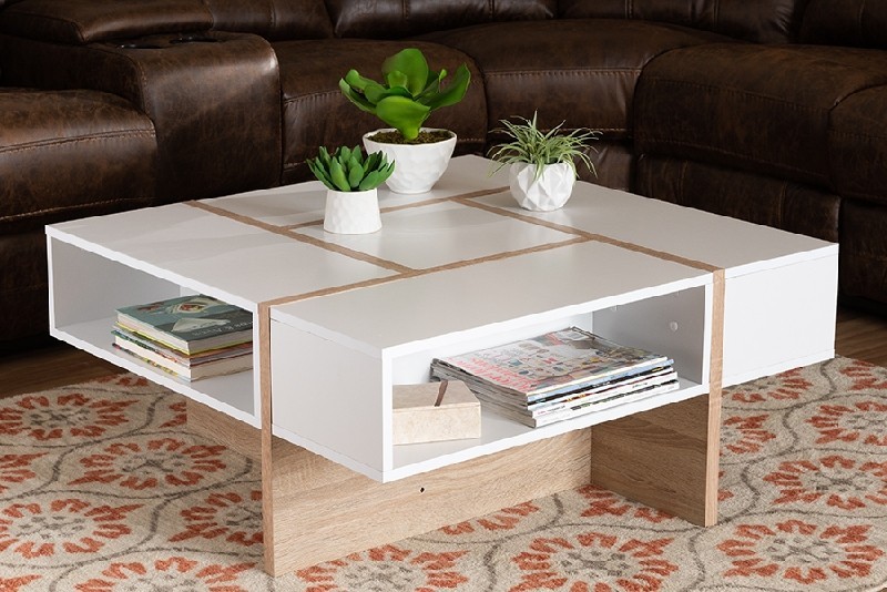 BAXTON STUDIO CT8004-WHITE/OAK-CT RASA 34 3/8 INCH MODERN AND CONTEMPORARY TWO-TONE WOOD COFFEE TABLE - WHITE AND OAK
