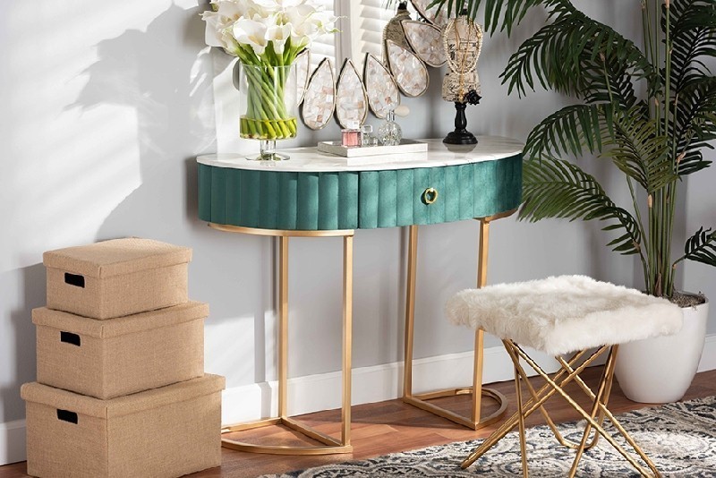 BAXTON STUDIO JY20A157-GREEN/GOLD-CONSOLE BEALE 39 3/8 INCH LUXE AND GLAM VELVET UPHOLSTERED AND BRUSHED ONE DRAWER CONSOLE TABLE WITH FAUX MARBLE TABLETOP - GOLD