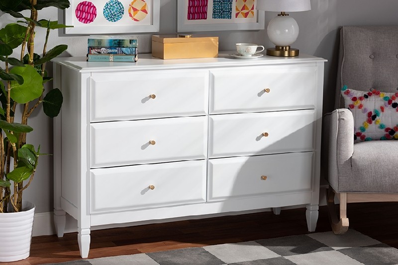 BAXTON STUDIO MG0038-WHITE-6DW-DRESSER NAOMI 47 1/4 INCH CLASSIC AND TRANSITIONAL WOOD SIX DRAWER BEDROOM DRESSER - WHITE