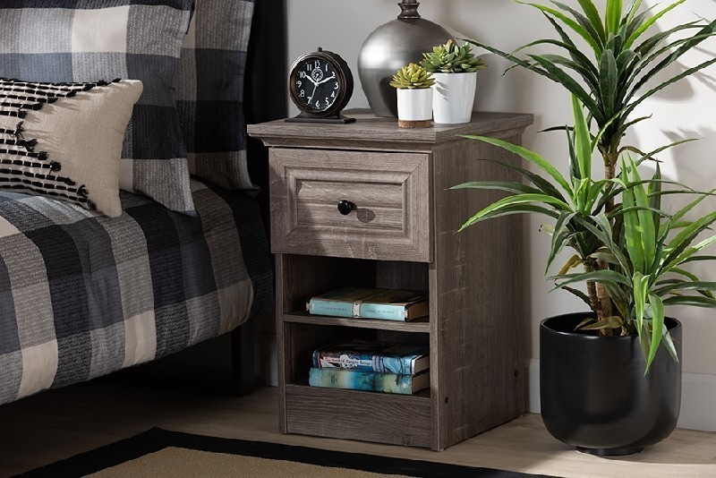 BAXTON STUDIO MH5079-TORO OAK-NS DARA 15 3/4 INCH TRADITIONAL TRANSITIONAL ONE DRAWER WOOD NIGHTSTAND - GREY AND BROWN OAK