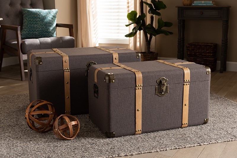 BAXTON STUDIO R87R537-2PC TRUNK SET STEPHEN 18 1/2 INCH MODERN AND CONTEMPORARY TRANSITIONAL FABRIC UPHOLSTERED AND 2-PIECE STORAGE TRUNK SET - GREY AND OAK BROWN