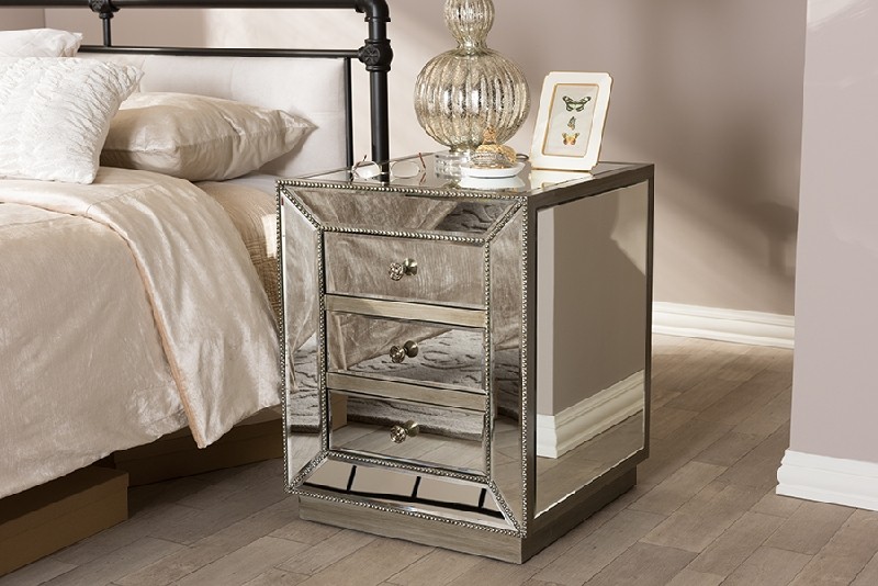 BAXTON STUDIO RS2102 CURRIN 20 1/4 INCH CONTEMPORARY MIRRORED THREE DRAWER NIGHTSTAND