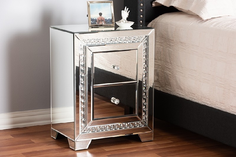 BAXTON STUDIO RS2936 MINA 18 1/8 INCH MODERN AND CONTEMPORARY HOLLYWOOD REGENCY GLAMOUR STYLE MIRRORED THREE DRAWER NIGHTSTAND BEDSIDE TABLE