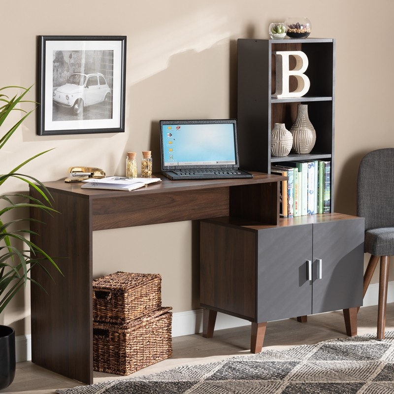 BAXTON STUDIO SESD8019WI-COLUMBIA/DARK GREY-DESK JAEGER 56 3/4 INCH MODERN AND CONTEMPORARY TWO-TONE WOOD STORAGE DESK WITH SHELVES - WALNUT BROWN AND DARK GREY