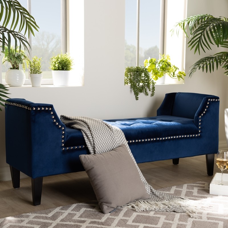 BAXTON STUDIO TSF7739-DARK ROYAL BLUE/BLACK-BENCH PERRET 51 5/8 INCH MODERN AND CONTEMPORARY VELVET FABRIC UPHOLSTERED WOOD BENCH - ROYAL BLUE AND ESPRESSO