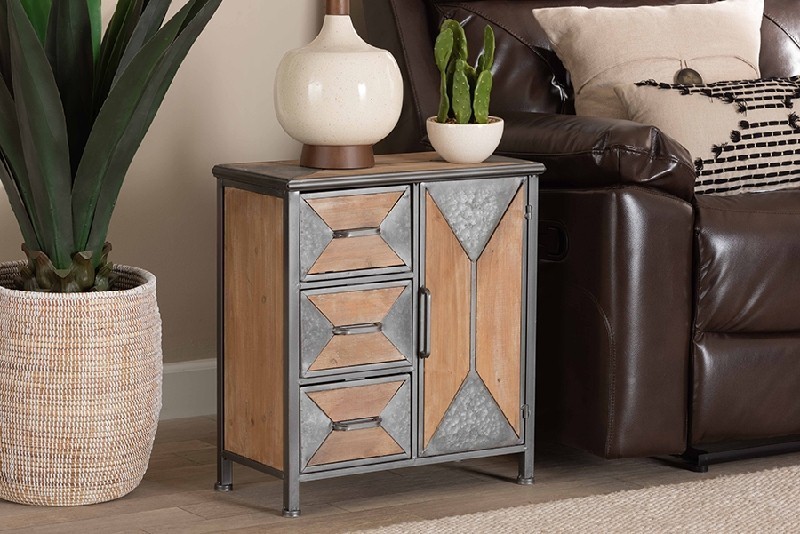 BAXTON STUDIO AM19136-OAK/GREY-CABINET LAUREL 20 1/8 INCH RUSTIC INDUSTRIAL METAL AND WOOD THREE DRAWER ACCENT STORAGE CABINET - ANTIQUE GREY AND WHITEWASHED OAK BROWN