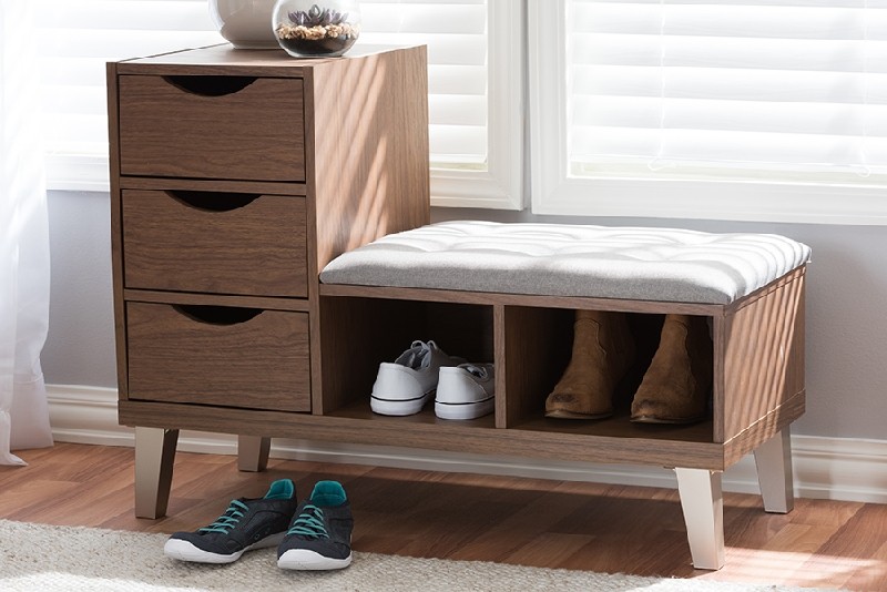 BAXTON STUDIO B-001-GRAY/WALNUT ARIELLE 35 1/8 INCH MODERN AND CONTEMPORARY WOOD THREE DRAWER SHOE STORAGE WITH FABRIC UPHOLSTERED SEATING BENCH AND TWO OPEN SHELVES - WALNUT AND GREY