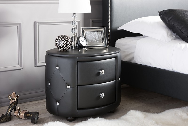 BAXTON STUDIO BBT3119-NS DAVINA 24 1/8 INCH HOLLYWOOD GLAMOUR STYLE OVAL TWO DRAWER FAUX LEATHER UPHOLSTERED NIGHTSTAND