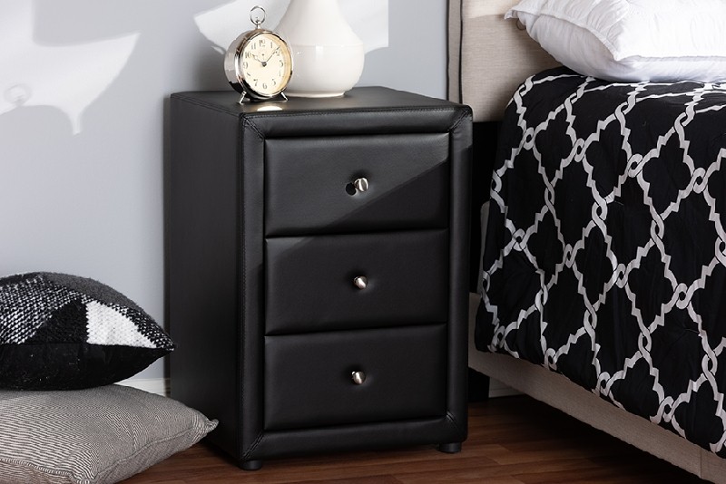 BAXTON STUDIO BBT3138-BLACK-NS TESSA 18 1/2 INCH MODERN AND CONTEMPORARY FAUX LEATHER UPHOLSTERED THREE DRAWER NIGHTSTAND - BLACK