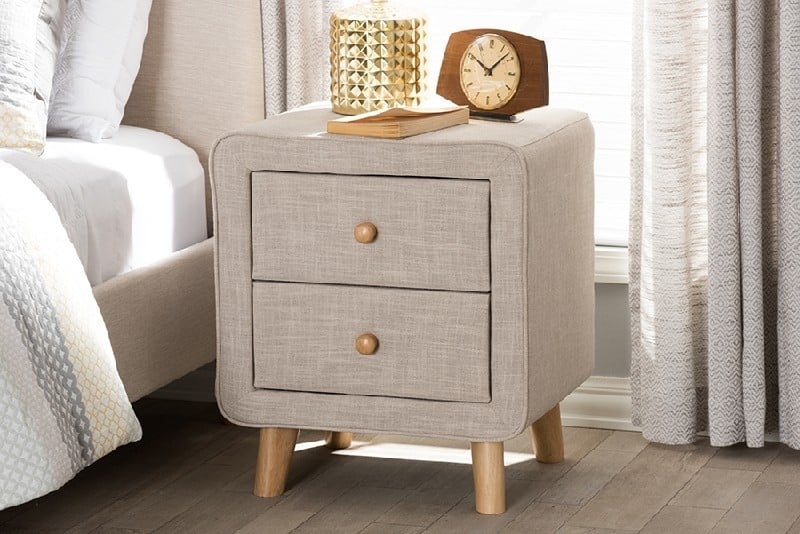 BAXTON STUDIO BBT3140-NS JONESY 19 7/8 INCH MID-CENTURY LINEN UPHOLSTERED TWO DRAWER NIGHTSTAND