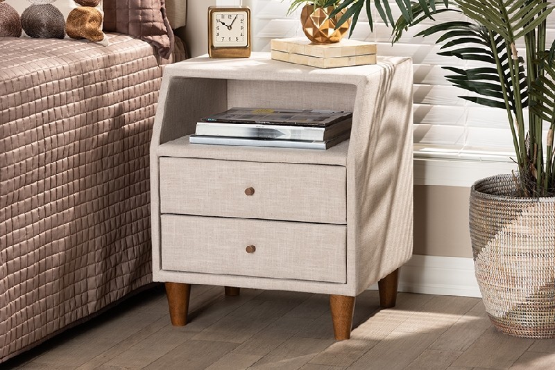BAXTON STUDIO BBT3157-NS CLAVERIE 18 1/2 INCH MID-CENTURY MODERN FABRIC UPHOLSTERED TWO DRAWER WOOD NIGHTSTAND