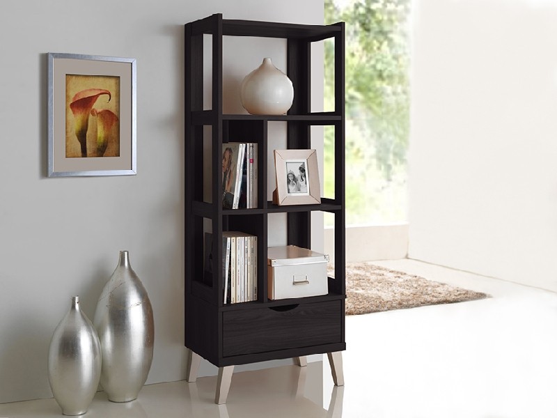 BAXTON STUDIO BC-001-ESPRESSO KALIEN 23 INCH MODERN AND CONTEMPORARY WOOD LEANING BOOKCASE WITH DISPLAY SHELVES AND ONE DRAWER - DARK BROWN