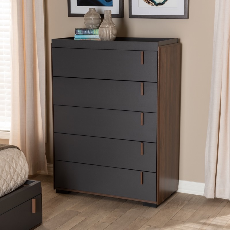 BAXTON STUDIO BR3COD306-COLUMBIA/DARK GREY-CHEST RIKKE 32 1/4 INCH MODERN AND CONTEMPORARY TWO-TONE WOOD 5-DRAWER CHEST - GREY AND WALNUT