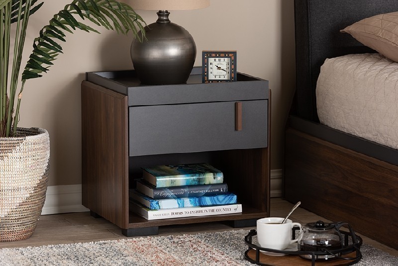BAXTON STUDIO BR3NT304-COLUMBIA/DARK GREY-NS RIKKE 18 7/8 INCH MODERN AND CONTEMPORARY TWO-TONE WOOD ONE DRAWER NIGHTSTAND - GRAY AND WALNUT