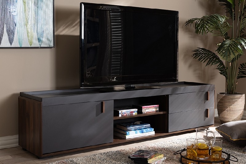 BAXTON STUDIO BR3TV313-COLUMBIA/DARK GREY-TV RIKKE 70 7/8 INCH MODERN AND CONTEMPORARY TWO-TONE WOOD TWO DRAWER TV STAND - GRAY AND WALNUT