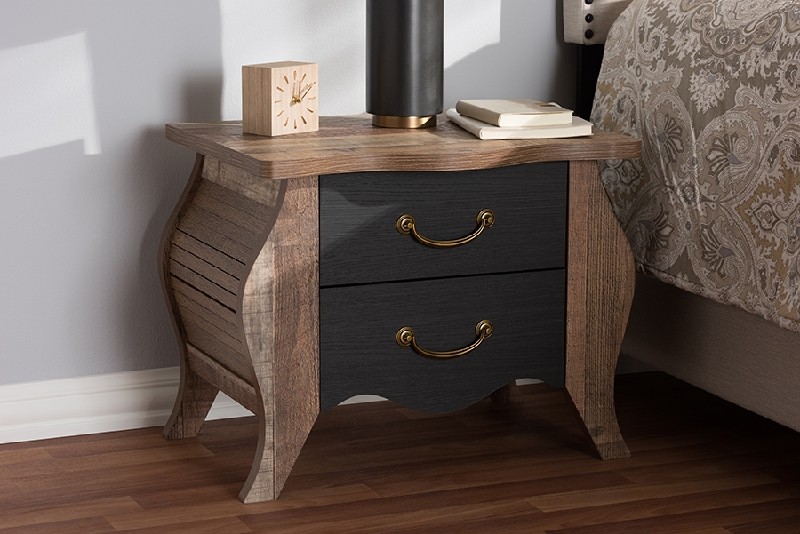 BAXTON STUDIO BR990063-BLACK/OAK-2DW-NS ROMILLY 25 INCH COUNTRY COTTAGE FARMHOUSE WOOD TWO DRAWER NIGHTSTAND - BLACK AND OAK