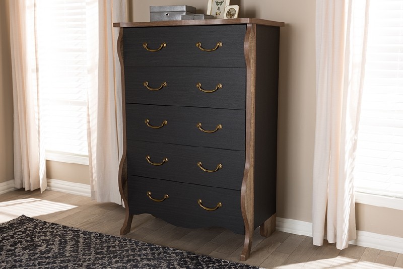 BAXTON STUDIO BR990064-BLACK/OAK-5DW-CHEST ROMILLY 35 1/8 INCH COUNTRY COTTAGE FARMHOUSE WOOD FIVE DRAWER CHEST - BLACK AND OAK