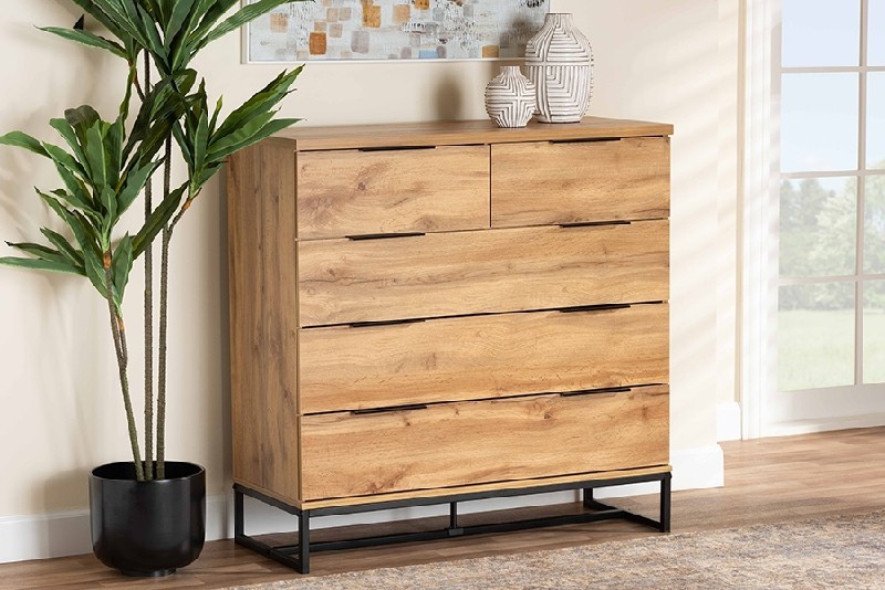 BAXTON STUDIO CH8002-OAK-5DW CHEST FRANKLIN 38 5/8 INCH MODERN AND CONTEMPORARY WOOD AND METAL FIVE DRAWER BEDROOM CHEST - OAK AND BLACK