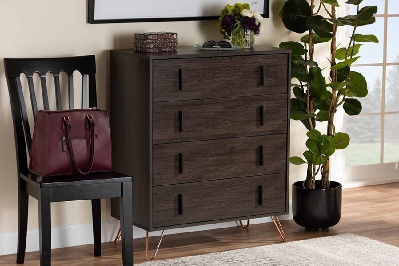 BAXTON STUDIO CH8005-DARK BROWN-4DW CHEST BALDOR 31 1/2 INCH MODERN AND CONTEMPORARY WOOD AND METAL FOUR DRAWER BEDROOM CHEST - DARK BROWN AND ROSE GOLD